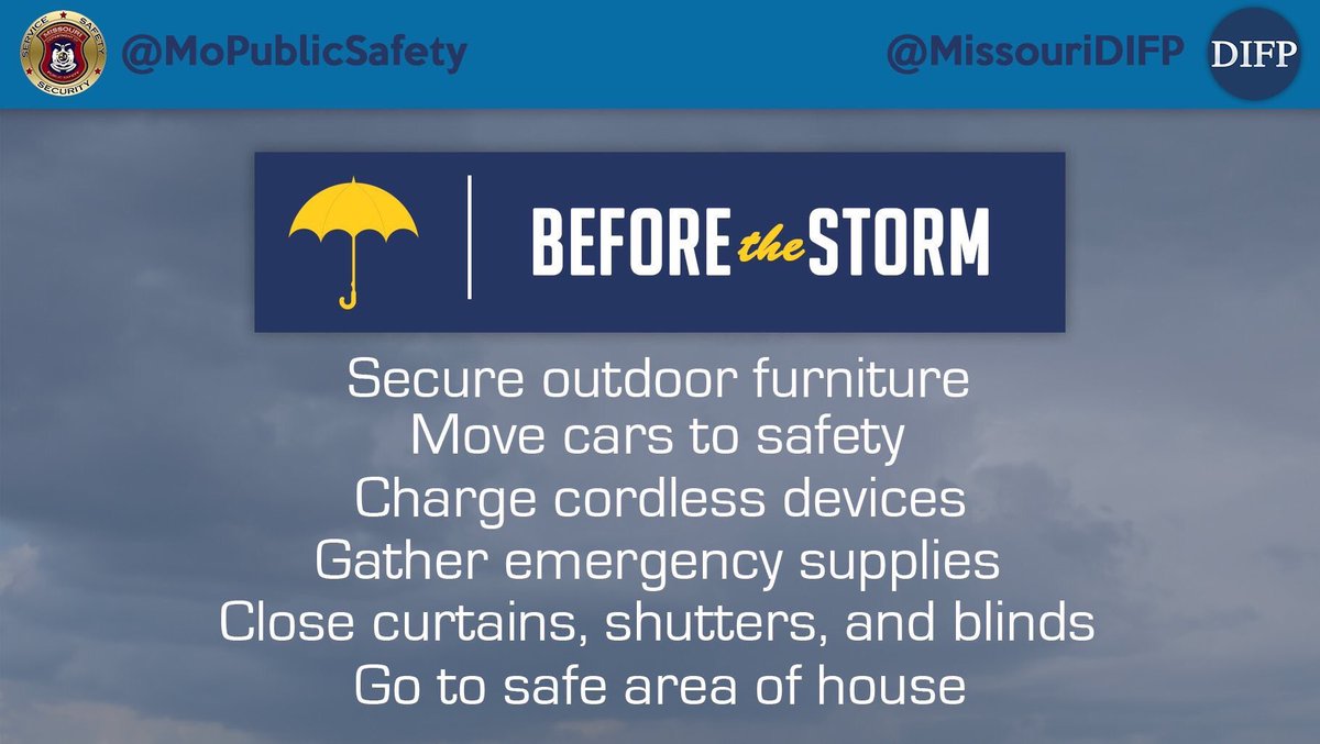 MoPublicSafety's tweet photo. Severe #Mowx in forecast this afternoon. Have multiple ways of getting warnings. Take steps to prevent damage. @MissouriDIFP @MoStormAware https://t.co/TfofbPbQbD