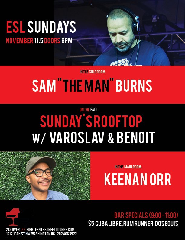 18thSTLounge's tweet photo. Doors 4pm / 21+ @DJ_Charity @DJKoolFlash @SamTheManBurns #Varoslav #Benoit @keenanorr #WomenForPuertoRico #ESL #DCNightlife #WDC #Sunday https://t.co/LpXsAFLYMx