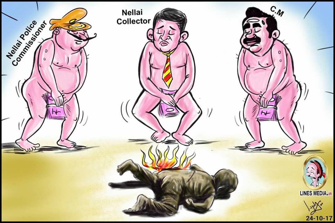 ShekharGupta's tweet photo. Sharing in solidarity with @cartoonistbala arrested for this after a debt-ridden farmer burnt wife/kids/himself at Nellai collectorate in TN https://t.co/Z0JH1gjpRB