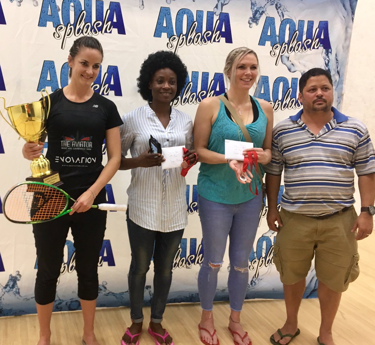 GwenLister1's tweet photo. Winner of the #NamibiaOpen #Squash Tournament, Ladies A division, #SA number 1, Milnay Louw, with runner-up Lauren Siddell and 3rd place Yemisi Olatunje of #Nigeria w NSA Chair, Lindsey Kriel. https://t.co/cDoXs6t05k