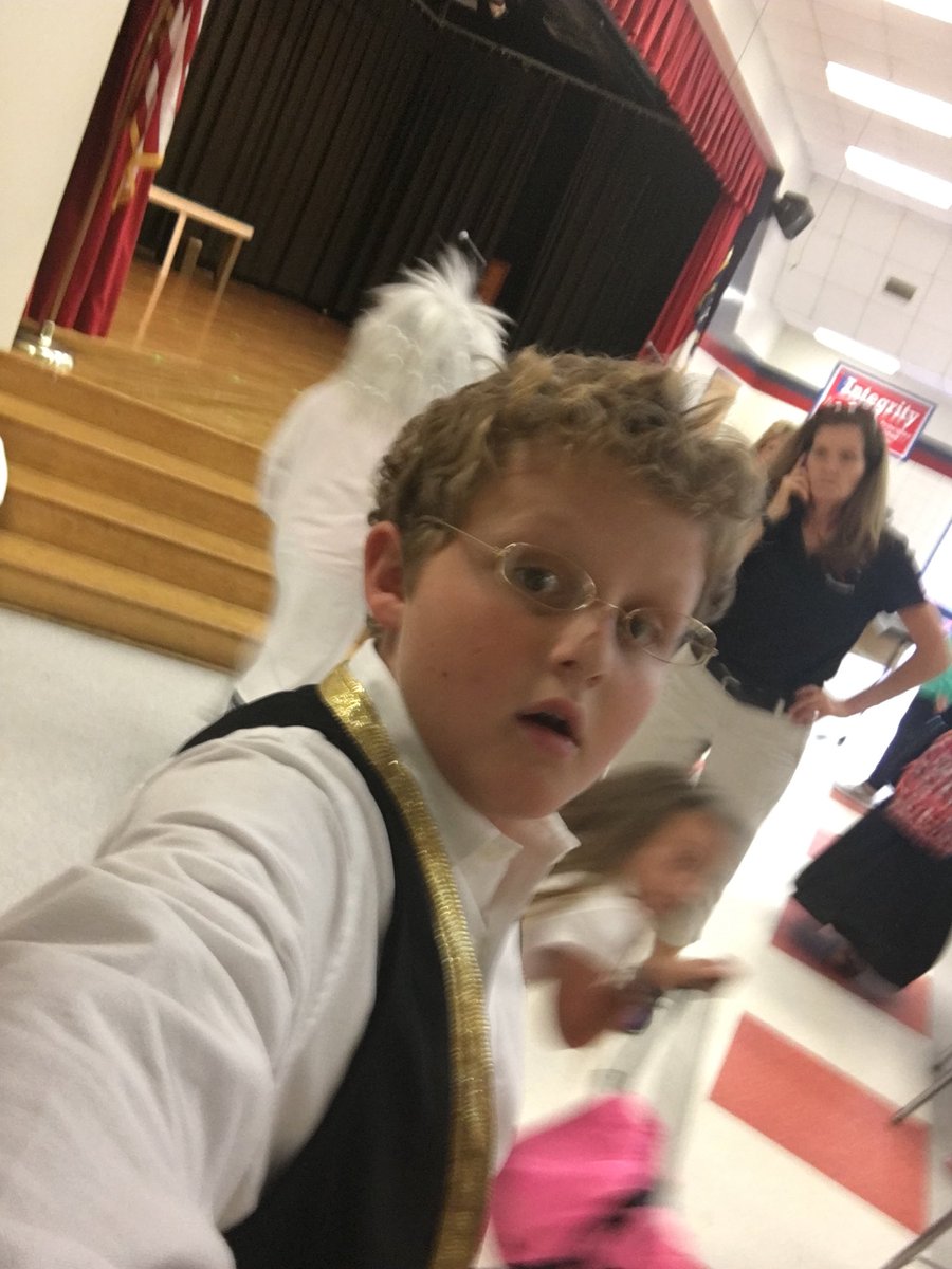 Cutest George Washington at dress rehearsal!  He will have white hair next week.  “On the Shoulders of Giants”
