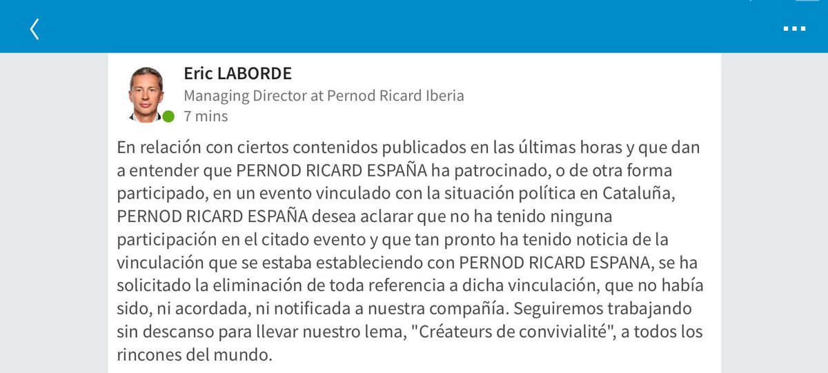 <a href="/Pernod_RicardES/">Pernod Ricard España</a> afirma rotundamente que no tiene ninguna vinculación con la promoción del citado evento #Convivialité