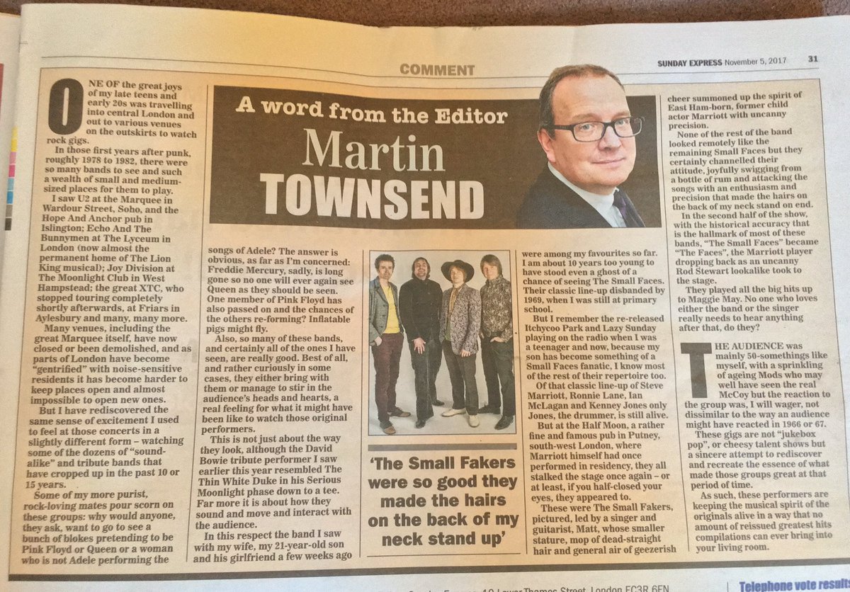 Big thanks to Martin Townsend, editor of the Sunday Express for this nice little mention today. #SmallFaces #SmallFacesSunday #SmallFakers