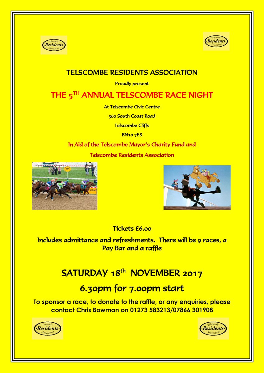 TelscombeRA's tweet photo. Time is trotting along - less than 2 weeks before the FABULOUS Telscombe Race Night.  Phone 01273 589777 https://t.co/KJ5mjcDwO1