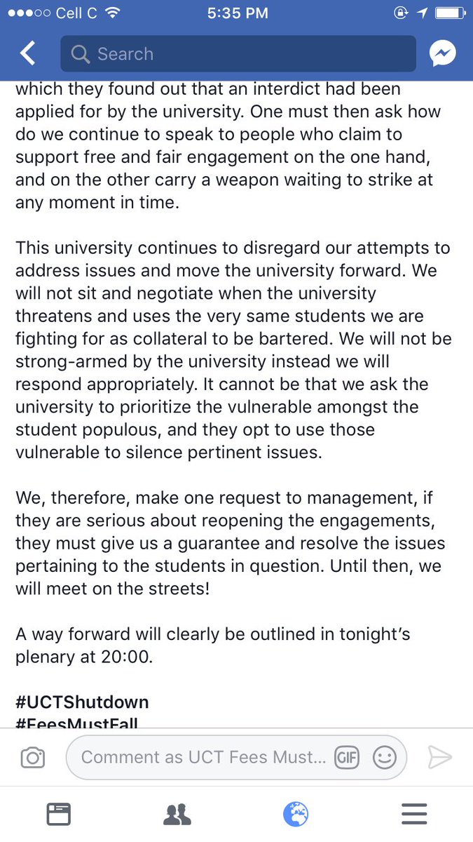 UCTFeesMustFall's tweet photo. STATEMENT ON THE COLLAPSE OF NEGOTIATIONS: 5 NOVEMBER 2017.
#UCTFeesMustFall
#November6
#Bazozisola https://t.co/oC4Fy7ortG
