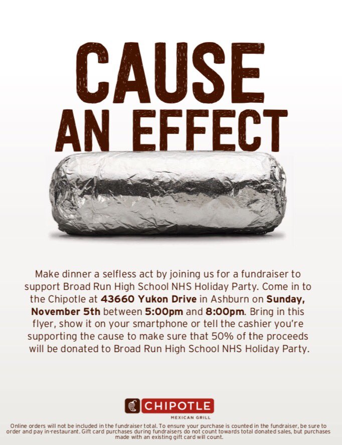 Come out to Chipotle TODAY from 5-8 PM to support NHS Holiday Party!