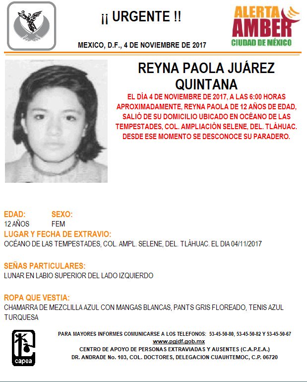 Se activa #AlertaAmber para localizar a Reyna Paola Juárez Quintana, extraviada en la colonia Ampliación Selene, delegación Tláhuac