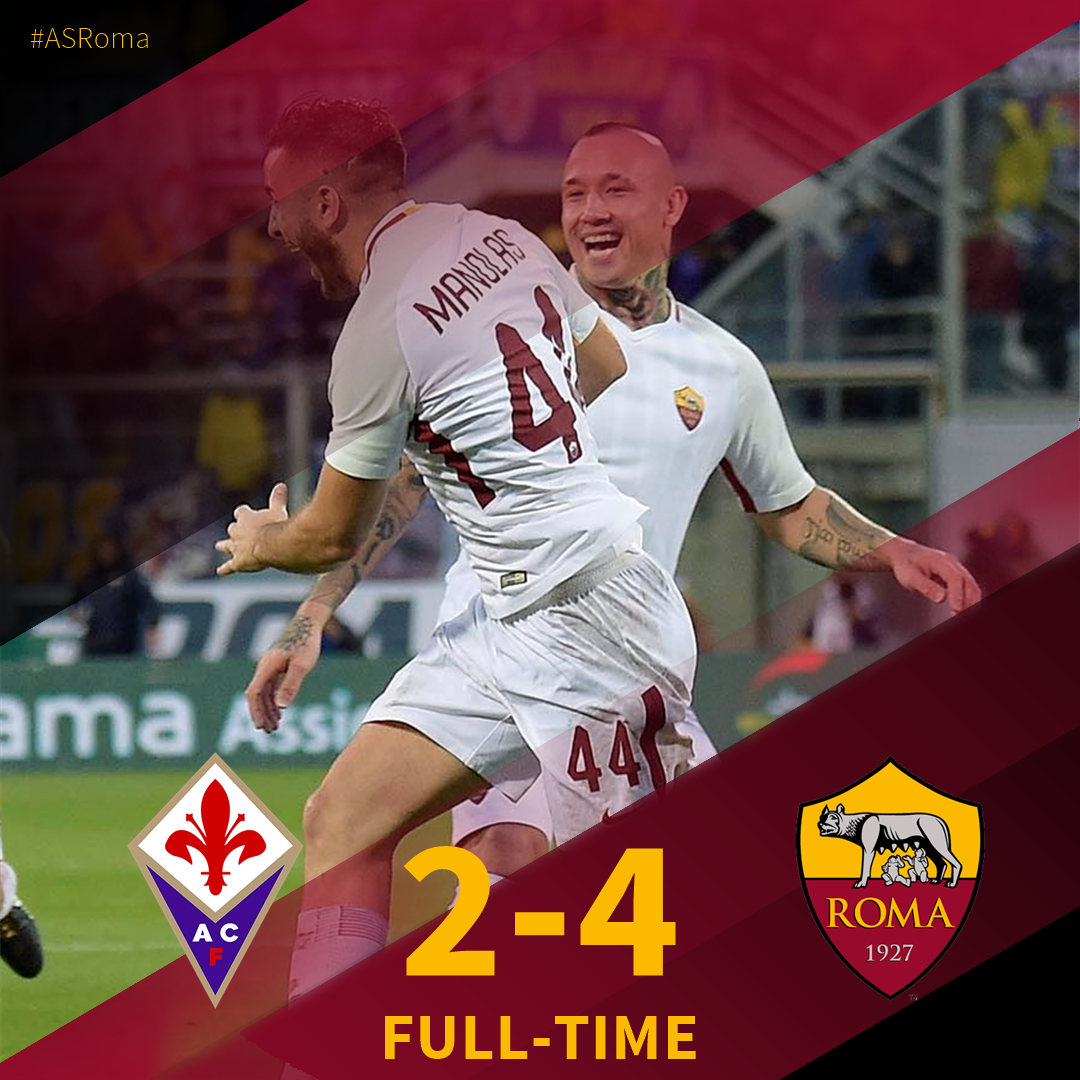 ASRomaEN's tweet photo. FT | #FiorentinaRoma 2⃣-4⃣

VICTORY! Gerson scores twice as Manolas and Perotti settle matters in the second half in a thriller in Florence! https://t.co/rXD4kC9H7U