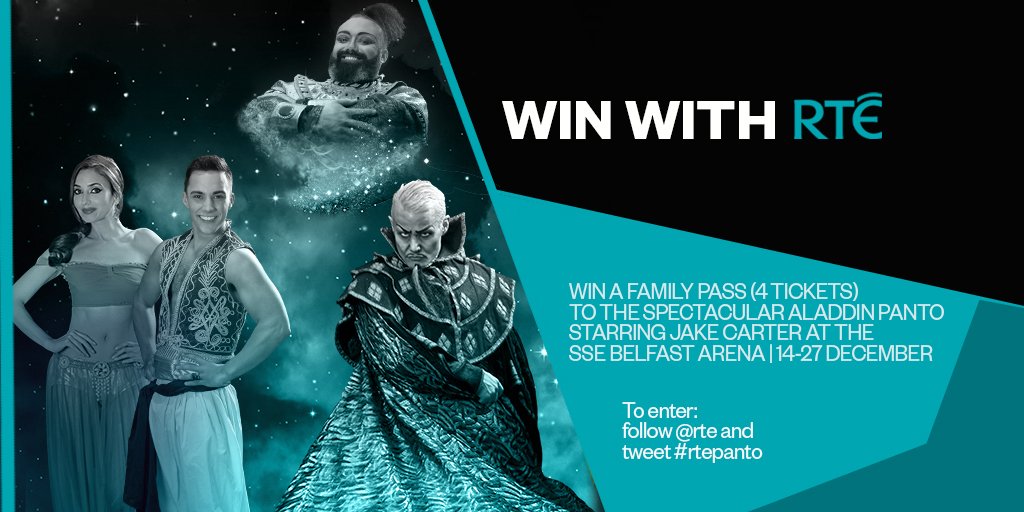 rte's tweet photo. Win a family pass to the Spectacular Aladdin Panto starring @jakecartermusic at @SSEBelfastArena Dec 14-27. Follow @rte and tweet #rtepanto https://t.co/wshG5ZLfLu