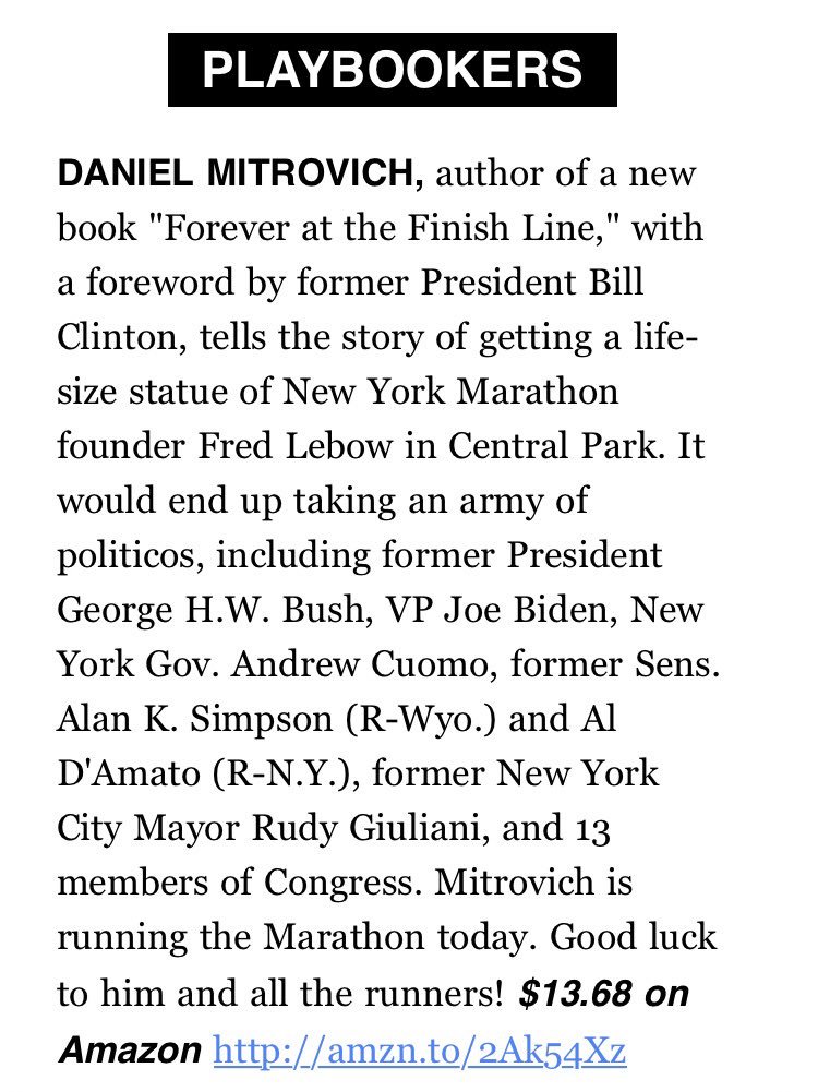LebowStatue's tweet photo. Thank you to @playbookplus for the well wishes and mention today!  cc: @apalmerdc @JakeSherman @dlippman #TCSNewYorkCityMarathon #politico https://t.co/SD0h4DcqBC