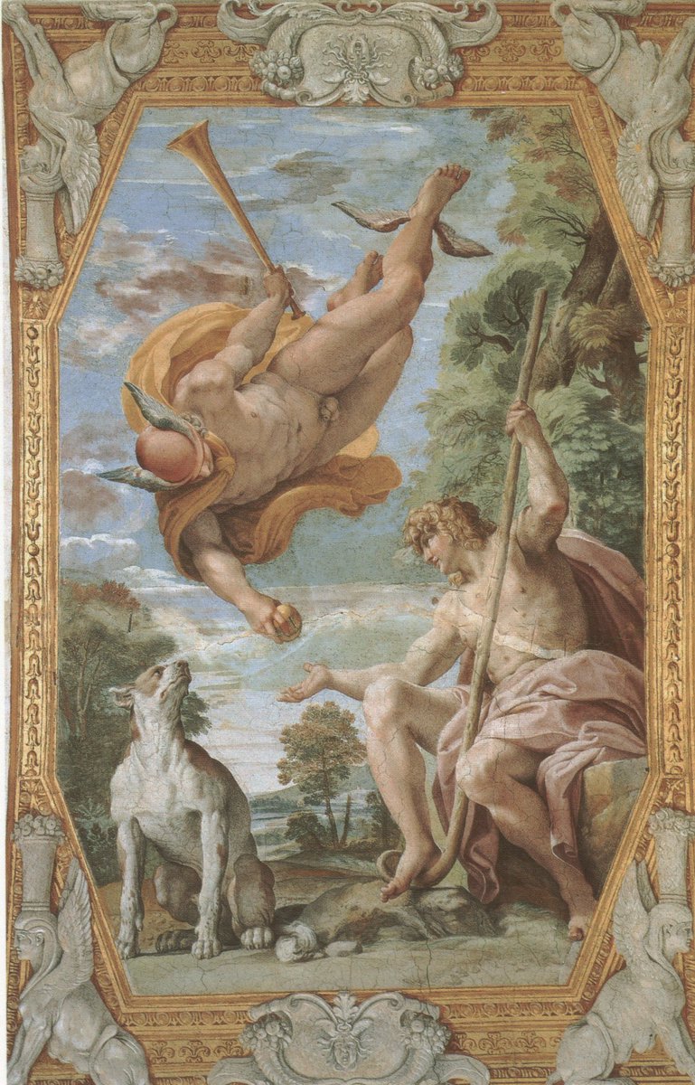 A. Carracci (1550-1609), Paris ya Mercuriu na bóveda del Palaciu Farnese de Roma. Añu 1600. Exemplu del primer barrocu.