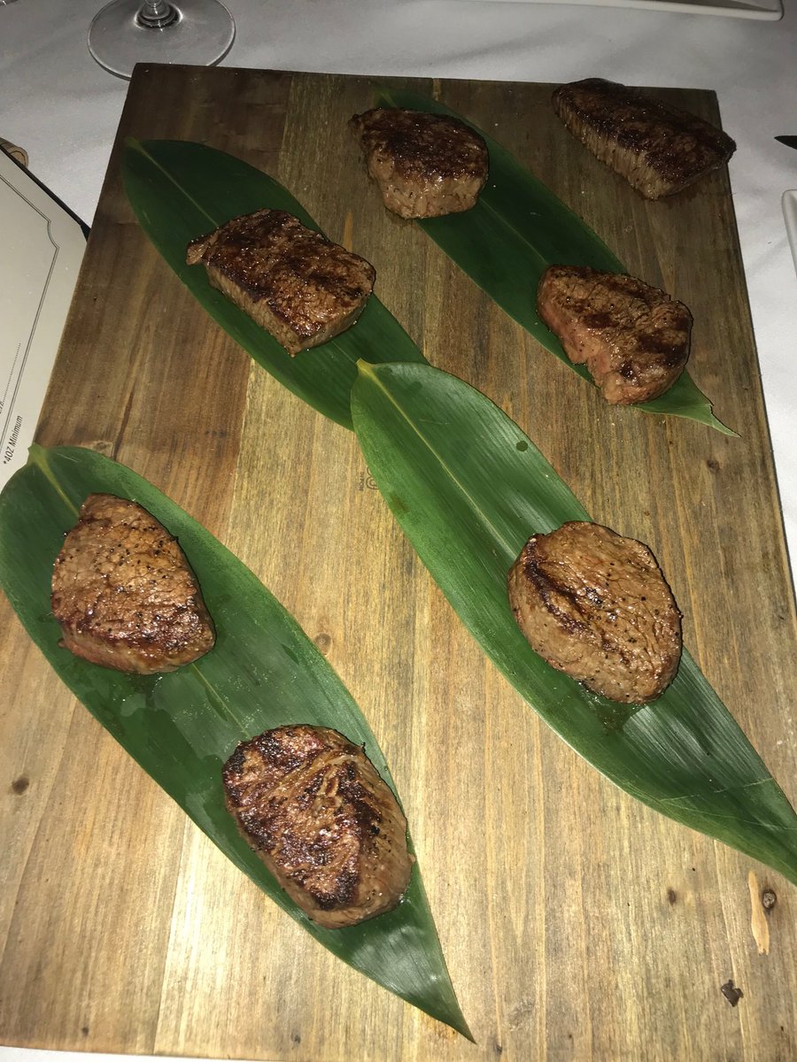 TravelFoodGuy's tweet photo. Less than a dozen US restaurants sell real Kobe beef. Nick & Sam’s in Dallas is one, other Japanese wagyu too, so we did a sampler! https://t.co/qmJNAWVtex