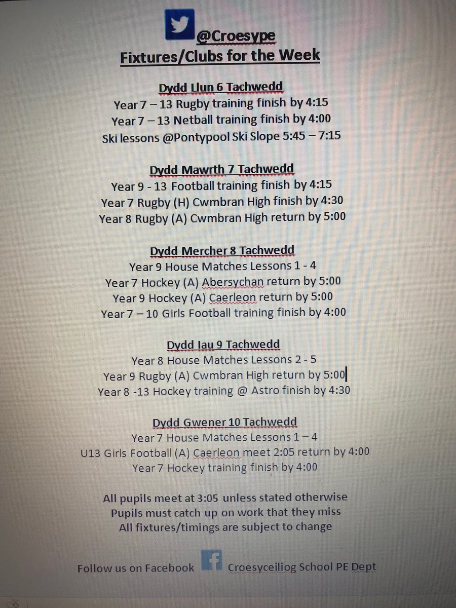 Hope you all had a good half-term. Fixtures/clubs for the week &amp; House Matches to look forward too <a href="/croesyschool/">Croesyceiliog School</a>