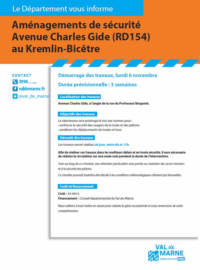 valdemarne_94's tweet photo. #Travaux94 au @villeKB  Aménagements de sécurité du 6 au 24/11 - Avenue Charles Gide (RD154) ⚠️durée 3 sem.https://t.co/igppMYTepx https://t.co/gleskLxyBz