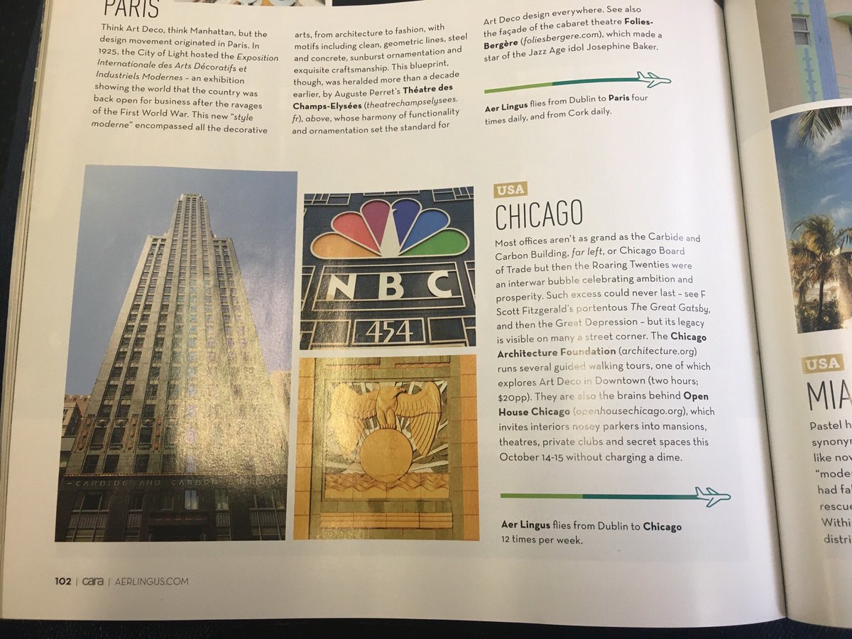 mcdougallh's tweet photo. Great 2 see @chiarchitecture, #OHC2017 and Chi #ArtDeco skyscrapers featured in @AerLingus in-flight mag Cara @IrelandChicago @chicagodeco https://t.co/8jb3fEpxwP