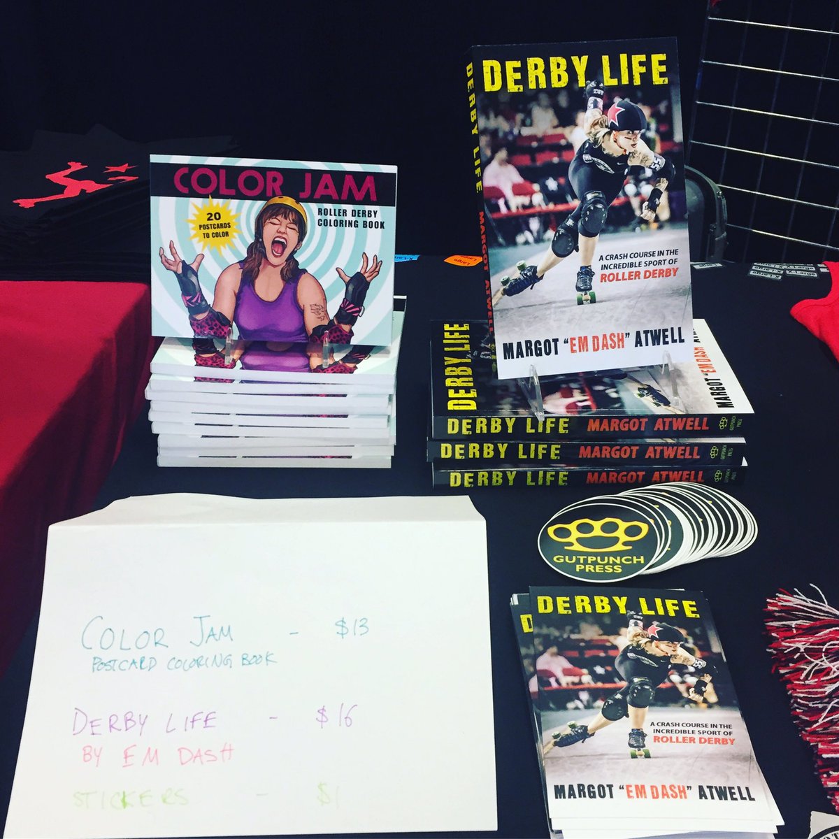 MargotAtwell's tweet photo. Start your holiday shopping early at the @gothamgirls merch booth at #wftdachamps2017 #rollerderby #coloringbook @GutpunchPress https://t.co/uQLaUKyN7W