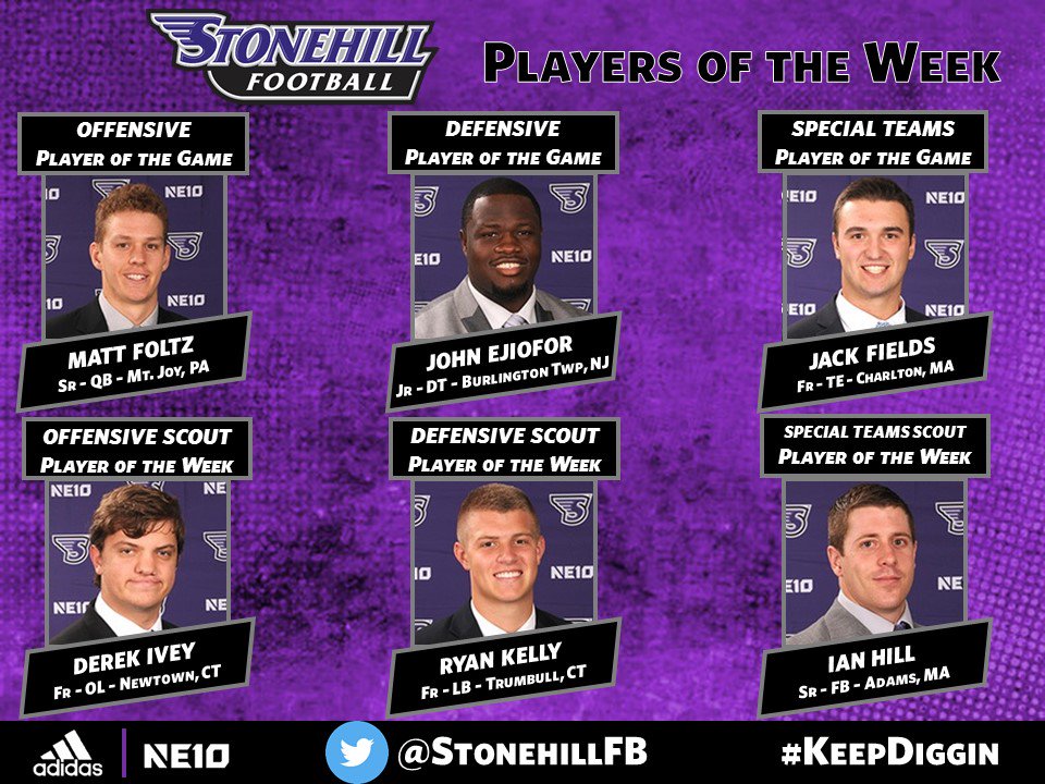 StonehillFB's tweet photo. Congrats to our Players of the Week following yesterday's 56-30 victory over Pace University during Hall of Fame Weekend! #KeepDiggin https://t.co/KeZYoj9RZE