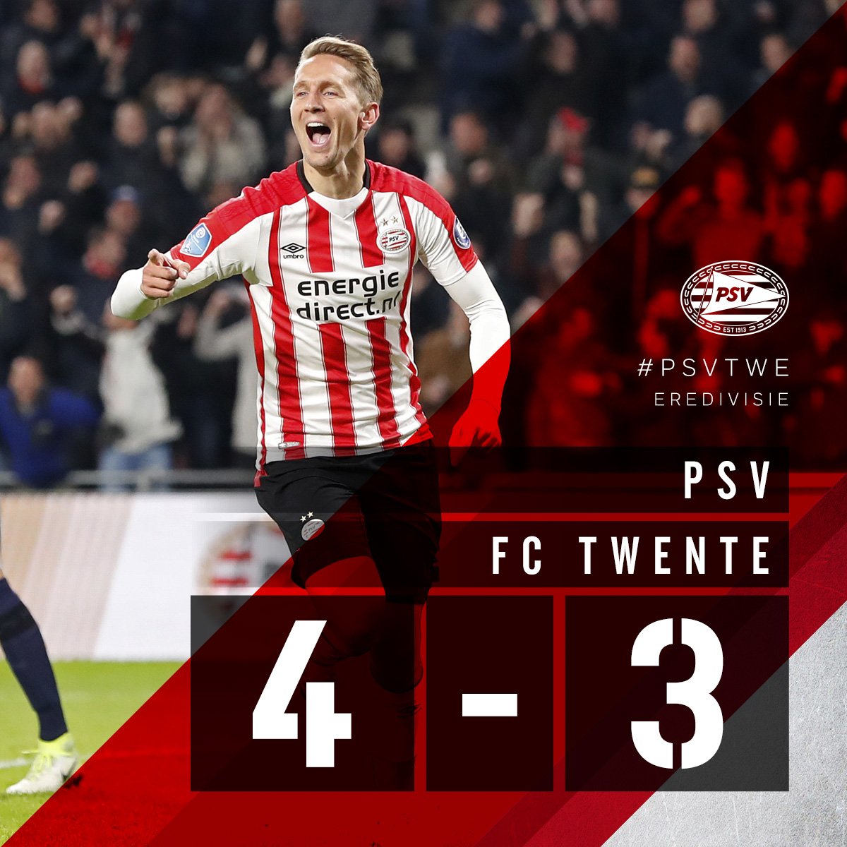 FULL-TIME #PSVTWE

1-0 Locadia (14)
1-1 Thesker (21)
2-1 Van Ginkel (61p)
2-2 Lam (68)
3-2 De Jong (72)
3-3 Jensen (75)
4-3 Thesker (90 ed.)