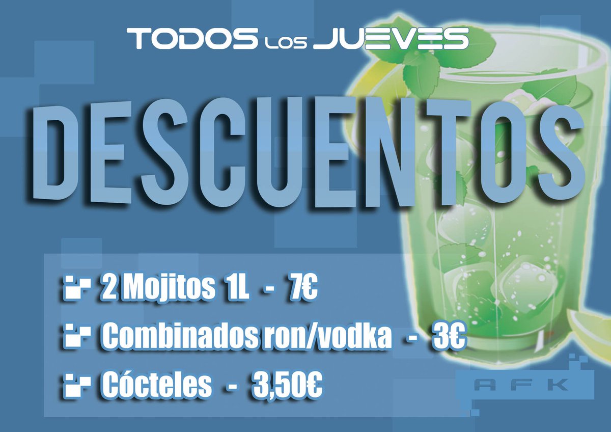 AFKESportsBAR's tweet photo. Recordamos que hoy #Jueves de #Descuentos!
#Juernes #afkbar #mojito #cocteles #party #booze #tenerife #tenerifelicidad #fun #funnynights https://t.co/GHnvdSvtCL