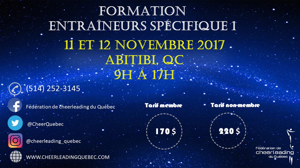 CheerQuebec's tweet photo. La formation pour l'Abitibi aura lieu la semaine prochaine ! Êtes-vous inscrits? Date limite : 8 Novembre 2017 https://t.co/jXWr2aC54t