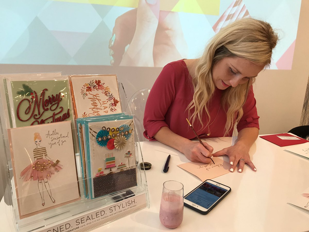 Hallmark's tweet photo. A little hand-lettering action here at our Hallmark Signature VIP brunch at @SantaMonicaPlc! #HallmarkSignature https://t.co/vrMJ70BDSZ