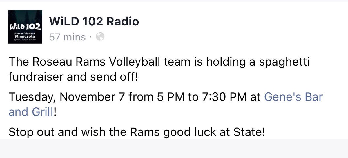 RoseauRam's tweet photo. Hey Ram fans! Spaghetti fundraiser for our state-bound VB team this Tuesday at Gene’s! https://t.co/geM643lWaA