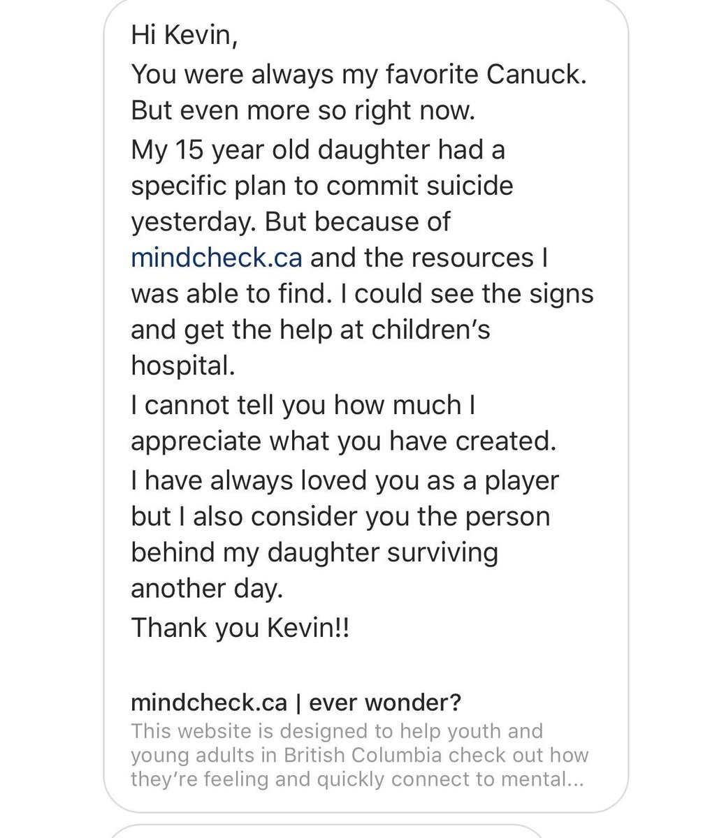 Received this DM today. It's a team effort to erase the stigma associated w/ mental illness. Mindcheck.ca #Ryp37  I will not stay silent.