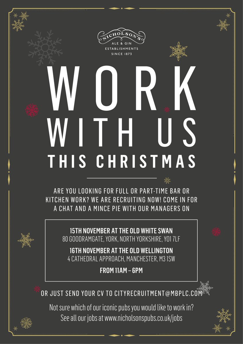 Recruiting in #Manchester #York #jobs #iconicpubs <a href="/Nicholsonspubs/">Nicholson's Pubs</a> cityrecruitment@mbplc.com or nicholsonspubs.co.uk/jobs