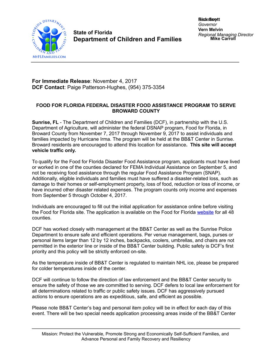 Broward Sheriff On Twitter The Full Press Release For Food For Florida Federal Dsnap Program Nov 7 9 At The Bb T Center Assisting Irma Victims Walk Ups Not Allowed Https T Co Yyxutz5jbn