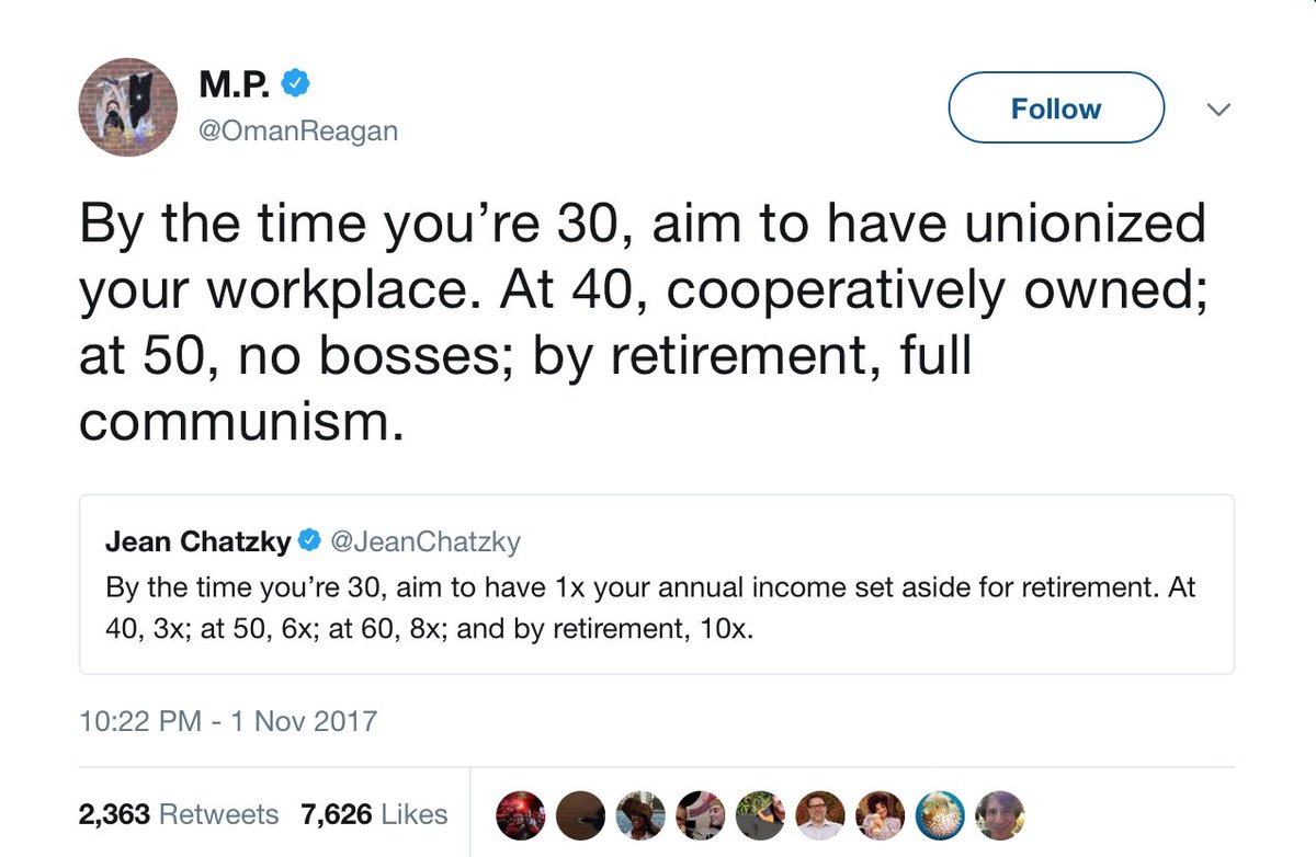 GrnMtnWobblies's tweet photo. #Millenial #squadgoals: #union workplace by 30, #coop by 40, no bosses/#sinpatron by 50, #fullcommunism by retirement https://t.co/5uJOT0qhLE
