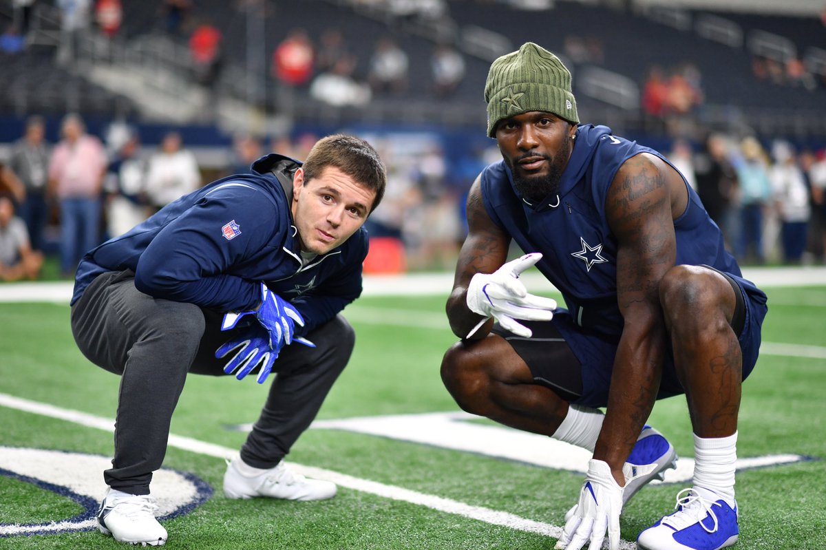 dallascowboys's tweet photo. The birthday boys @Switz &amp; @DezBryant. Well yesterday was but let's have an end zone party today. #KCvsDAL https://t.co/EqRmDFfMge