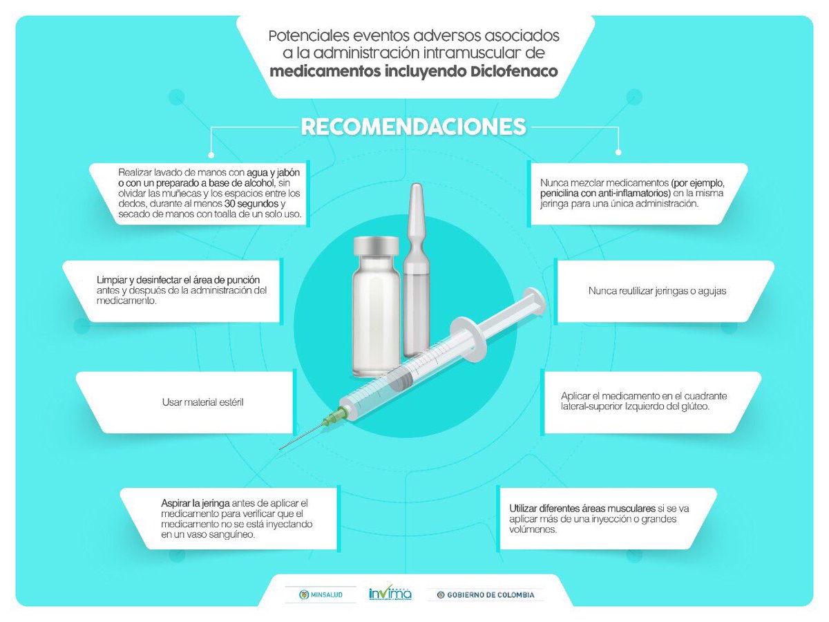 invimacolombia's tweet photo. Invima hace recomendaciones de administración intramuscular de medicamentos inyectados incluyendo Diclofenaco. https://t.co/za7ChtOUcH