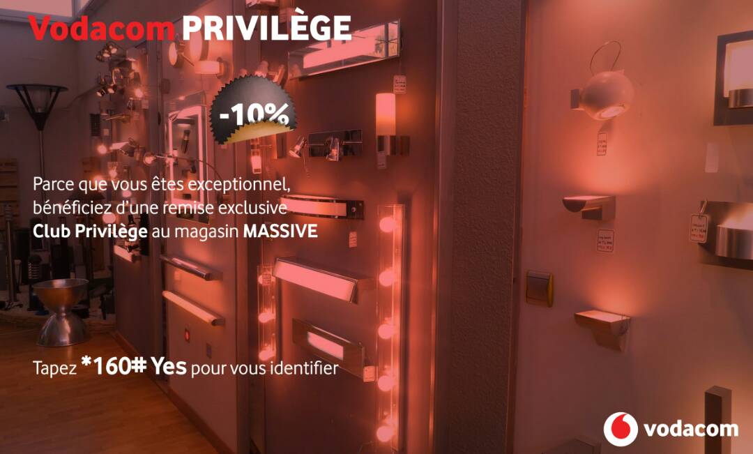 Vodacomcongo's tweet photo. MASSIVE vous offre une remise de 10% à chacun de vos achats. Une offre exclusive au Club Privilège de Vodacom
#VodacomPrivilege https://t.co/Pi1ZKbnimJ