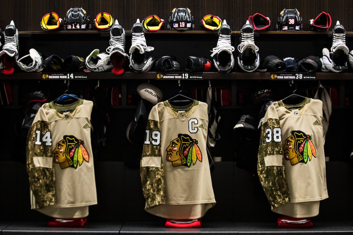 Chicago Blackhawks on X: On Sunday, the #Blackhawks will wear these  camouflage warmup jerseys in support of the @USO_of_Illinois and those who  serve at #HomeAndAway  / X