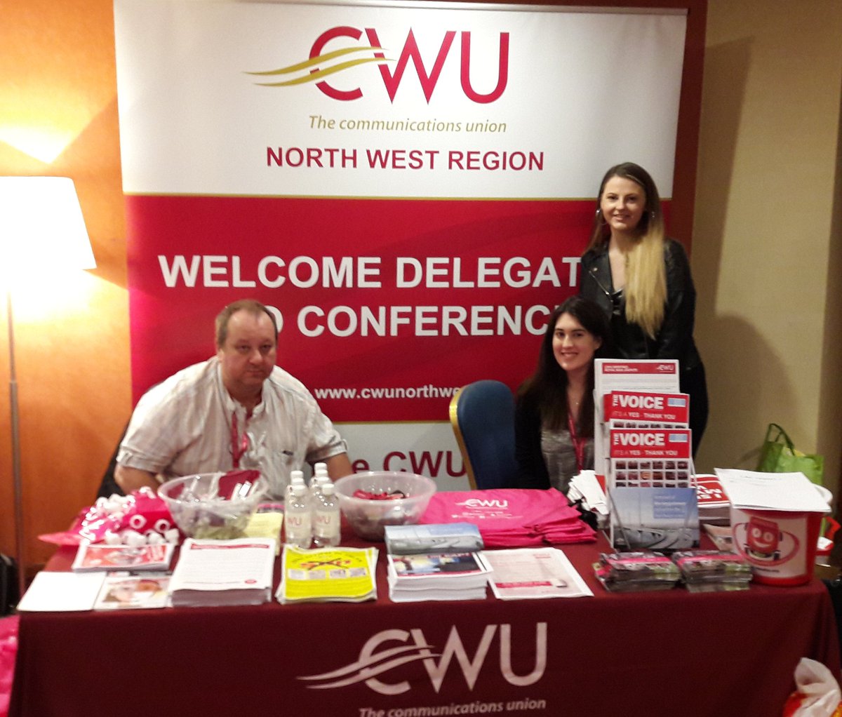 NWCWU's tweet photo. Well done Abi, Maddie & Tony for doing a brill job running CWU stall at #LabNW17 Conf #CloseTheGap @#FourPillars @totaleclipse96 @CWUnews https://t.co/hi2d525x7m