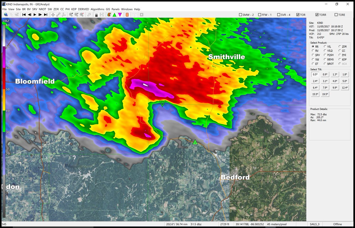 TrustSteve19's tweet photo. Stills of #TornadoDebris signatures #BaseVelicoity and #CorrelationCoefficient KIND radar south of Bloomington, IN https://t.co/91nPiKuoEZ