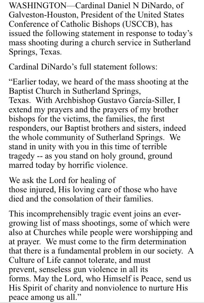 USCCB's tweet photo. President of U.S. Conference of Catholic Bishops Responds to Mass Shooting in Sutherland Springs, Texas https://t.co/90o879NJz7