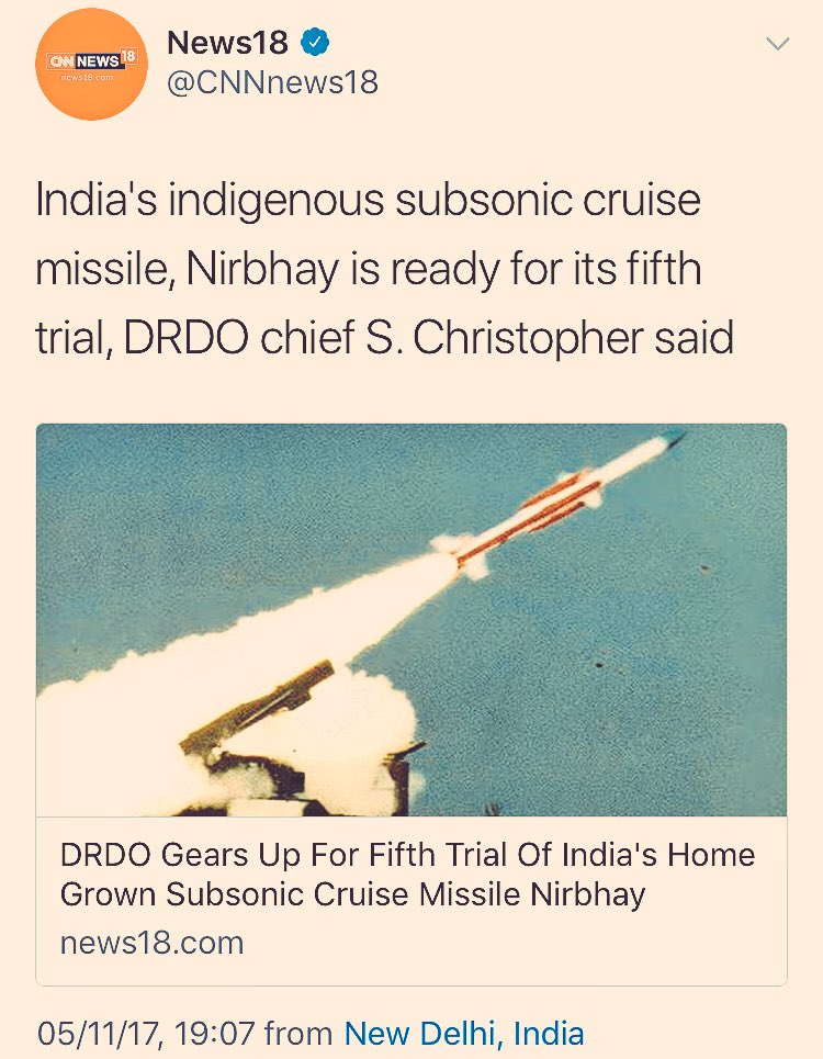 Hi  @CNNNews18, that isn’t the Nirbhay cruise missile, that’s an Akash surface-to-air missile.