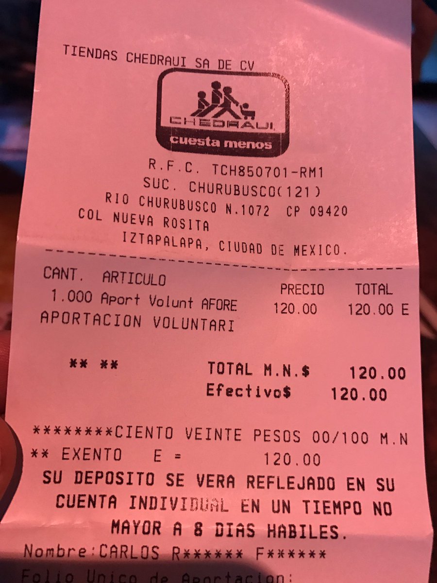 CarlosRamirezF's tweet photo. El ahorro p/Afore en @Chedrauioficial  funciona impecablemente. Sólo hay q llegar a la caja y solicitar la opción "Consar" o "Afore" https://t.co/HpxlwW1wjU