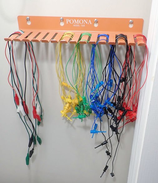 RobotRoom's tweet photo. Clean up day at Robot Room. Hanging test clip jumpers with #PomonaElectronics 1508. Makes me look more organized than I really am. https://t.co/sfmNS5MoSr