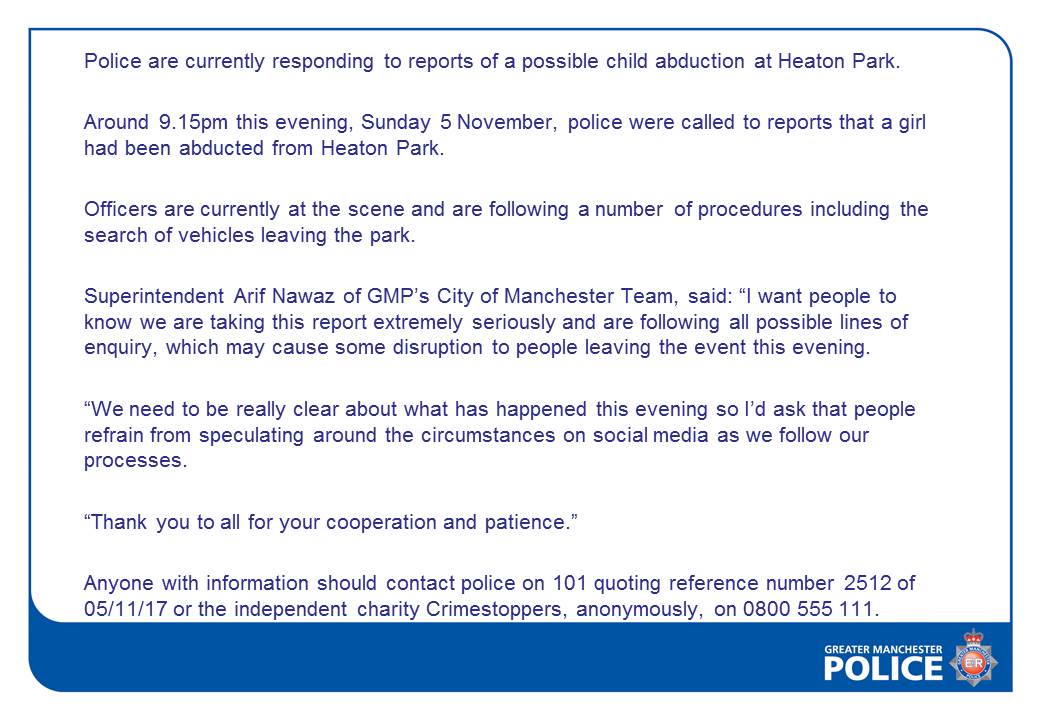 Enquiries continue into possible child abduction at Heaton Park. GMP press release: