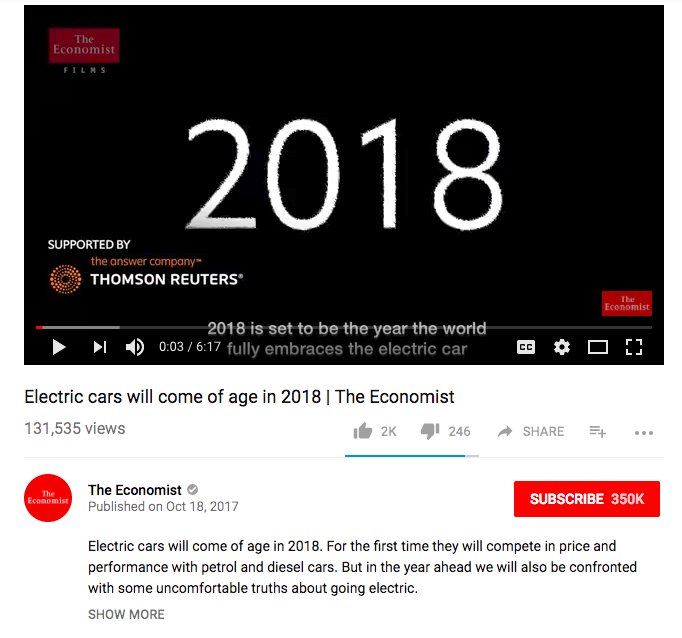 patelshrey01's tweet photo. 2018 is tipping point for #EV's according to latest clip out by @TheEconomist. Highly recommend you watch here: https://t.co/uokYzvyOAW https://t.co/CURPL81xXv