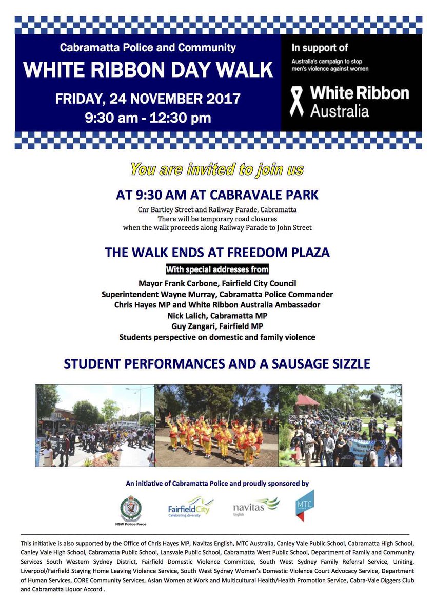 Join us for Cabramatta’s #WhiteRibbonDay walk on Fri 24 Nov at 930! <a href="/ScottsDavidson/">Scott s Davidson</a> <a href="/CabraPS/">Cabramatta PS</a> <a href="/CabraPS/">Cabramatta PS</a> <a href="/LansvalePS/">Lansvale PS</a>