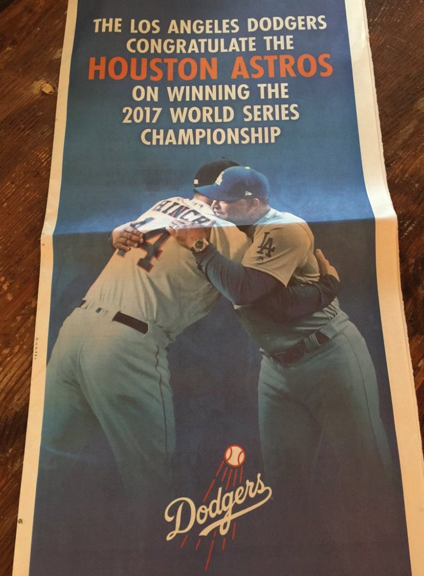 ESPN (@espn) on Twitter photo Pure class.
The Dodgers congratulated the Astros on their World Series win with a full-page ad in the Houston Chronicle. (via <a href="/alannarizzo/">AlaNNa Rizzo</a>) Pure class.
The Dodgers congratulated the Astros on their World Series win with a full-page ad in the Houston Chronicle. (via <a href="/alannarizzo/">AlaNNa Rizzo</a>)