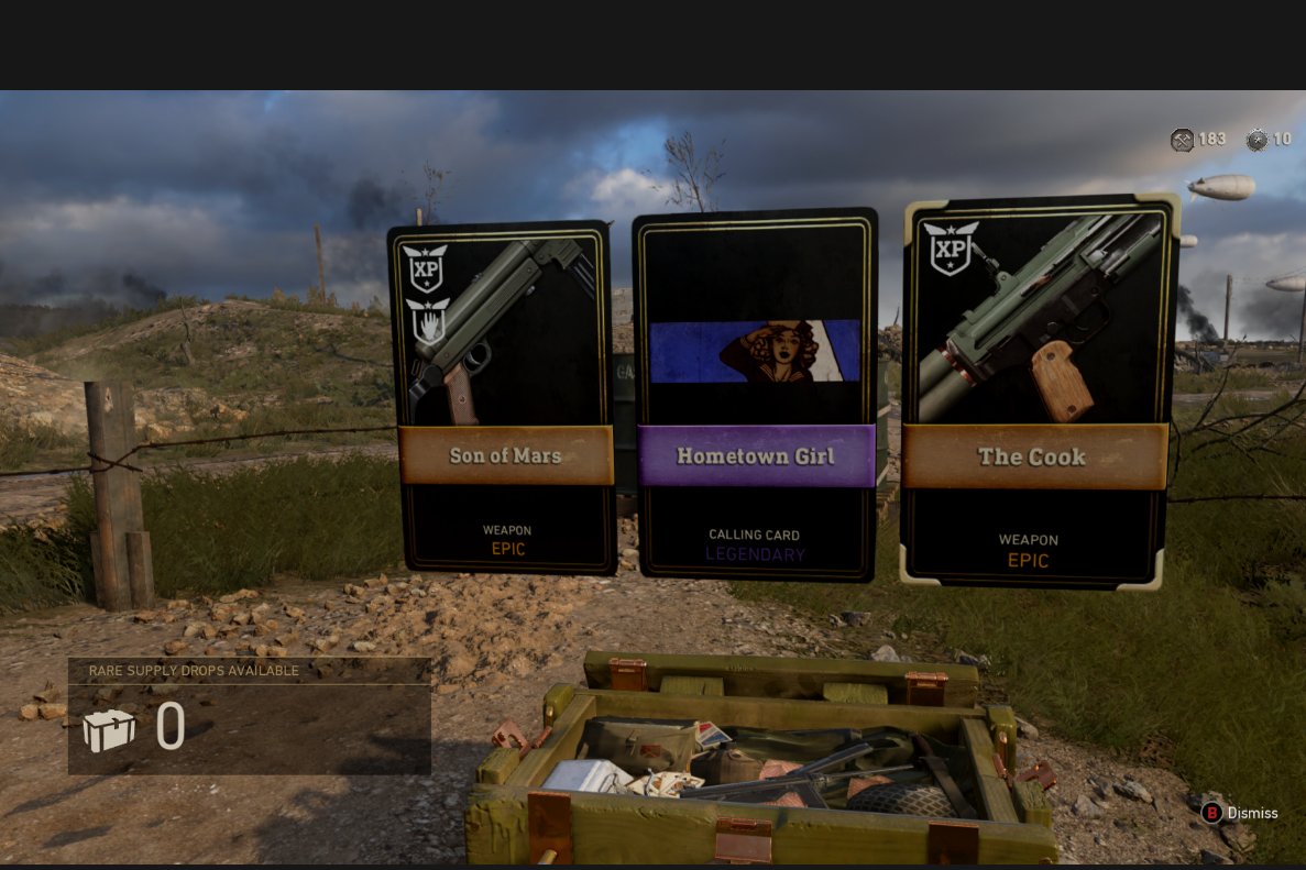TeamCharger5's tweet photo. @Chaosxsilencer  If you do a Top 20 Best supply drop openings for WWII I got a pretty good drop. https://t.co/mvpk1PUURE