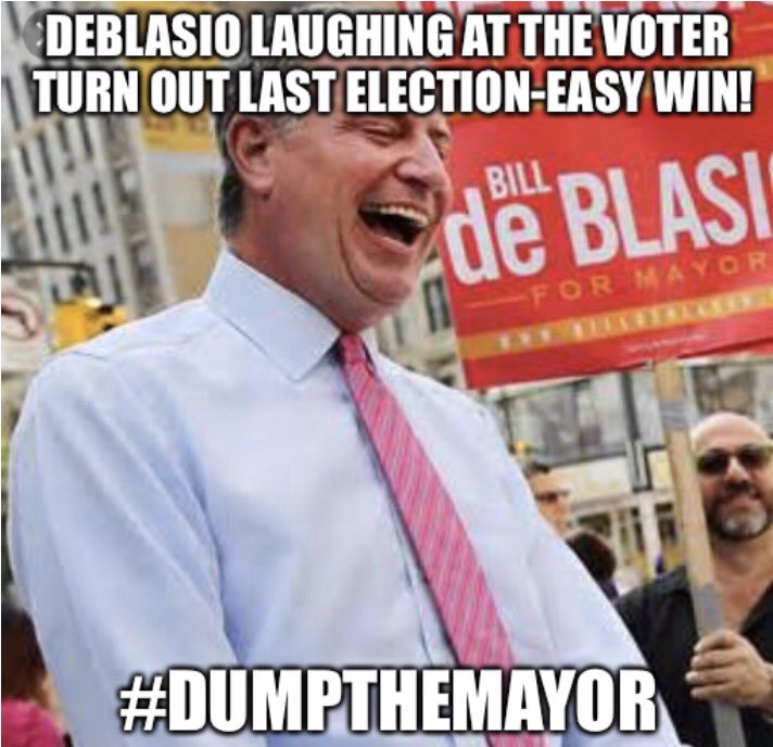 BoDietl's tweet photo. He’s laughing because a low voter turnout helps him.  MAKE SURE YOU VOTE HIM OUT ON ELECTION DAY! #dumpthemayor #nycvotes https://t.co/RaeJQG5Jkk