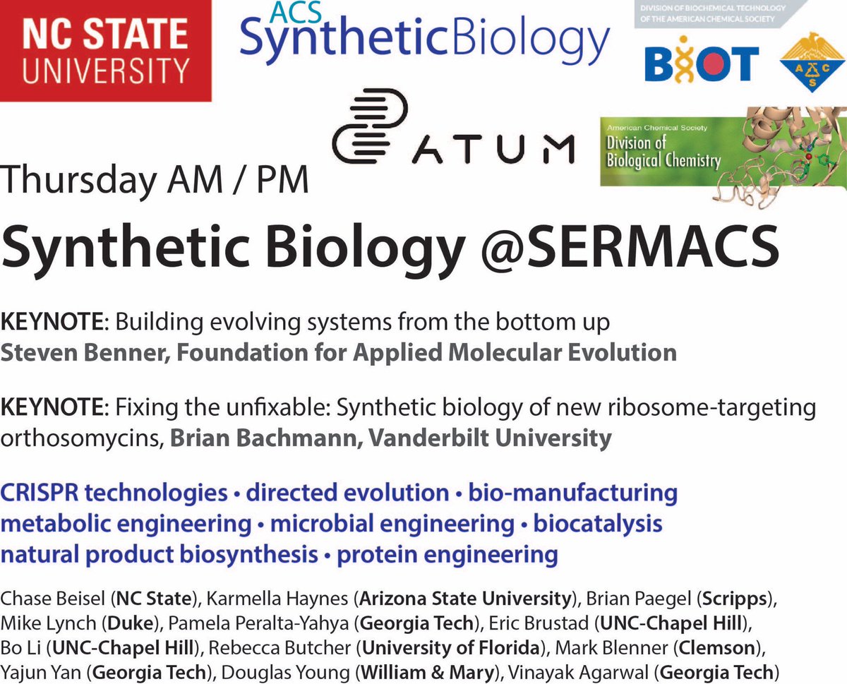 Fantastic #synbio symposium <a href="/SERMACS2017/">SERMACS 2017</a> this Thursday! Please RT @BrianOBachmann <a href="/PPYlabGT/">Peralta-Yahya Lab</a> @drkahaynes <a href="/MarkBlenner/">Mark Blenner 🏳️‍🌈🇺🇦🧬</a>