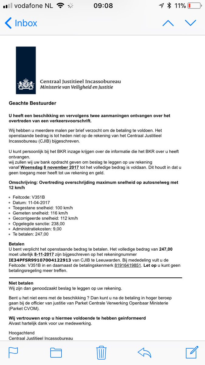 RMookhram's tweet photo. Het CJIB stuurt nooit aanmaningen per Mail. Trap er niet in. Rare bankrekeningnr. https://t.co/W33nYThz2B