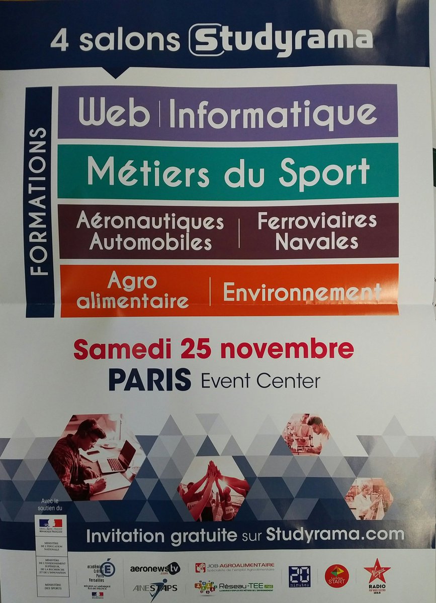 CdiGBraque's tweet photo. Salons @studyrama samedi 25 novembre #webinformatique #metiersdusport #transports #environnement #agro-alimentaire https://t.co/HiqUCfRjya