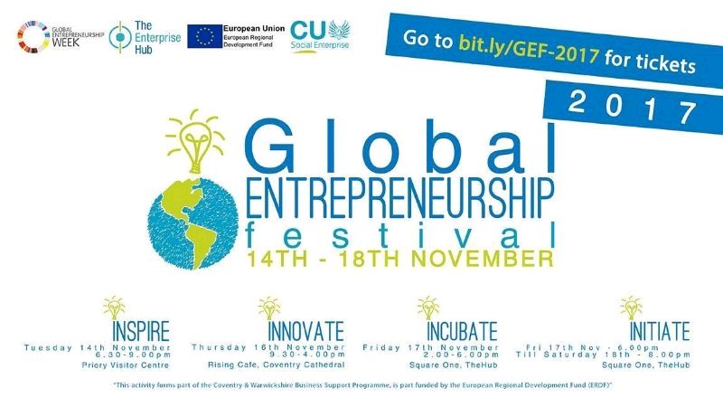 CUSELAUNCH's tweet photo. Take your #IdeaToEnterprise #coventry #students @CoventryUniNews @covcampus @CUSU_events BOOK Fri 17 Nov #GEF2017 #incubate #initiate #hack https://t.co/S8FUuHQmS3